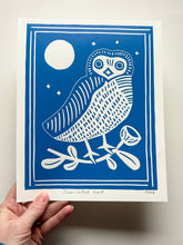 Load image into Gallery viewer, Handprinted Blockprint • Saw-Whet Owl in Blue