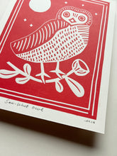 Load image into Gallery viewer, Handprinted Blockprint • Saw-Whet Owl in Light Red