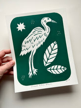Load image into Gallery viewer, Handprinted Blockprint • Great Blue Heron in Green