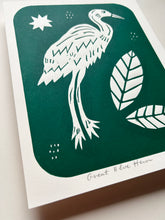 Load image into Gallery viewer, Handprinted Blockprint • Great Blue Heron in Green