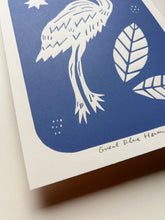 Load image into Gallery viewer, Handprinted Blockprint • Great Blue Heron in Blue