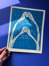 Load image into Gallery viewer, Handprinted Blockprint in Blue • You Are Also Held • Limited Edition