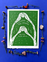 Load image into Gallery viewer, Handprinted Blockprint in Green • You Are Also Held • Limited Edition
