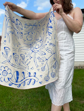 Load image into Gallery viewer, Naturally-Dyed + Hand Painted Linen Bandana — Floral Blues 1
