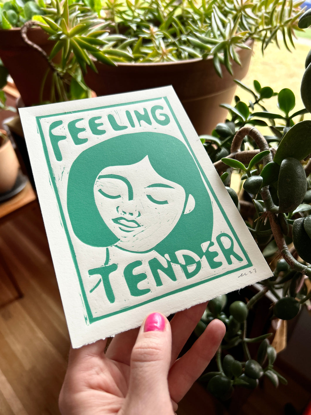 Handprinted Blockprint • “Feeling Tender” in Summer Green