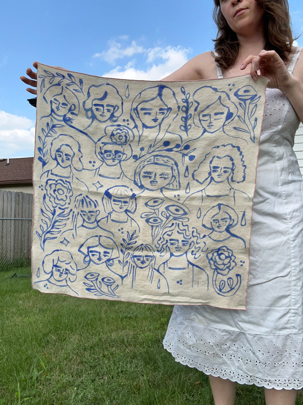 Naturally-Dyed + Hand Painted Linen Bandana — Faces + Plants 2