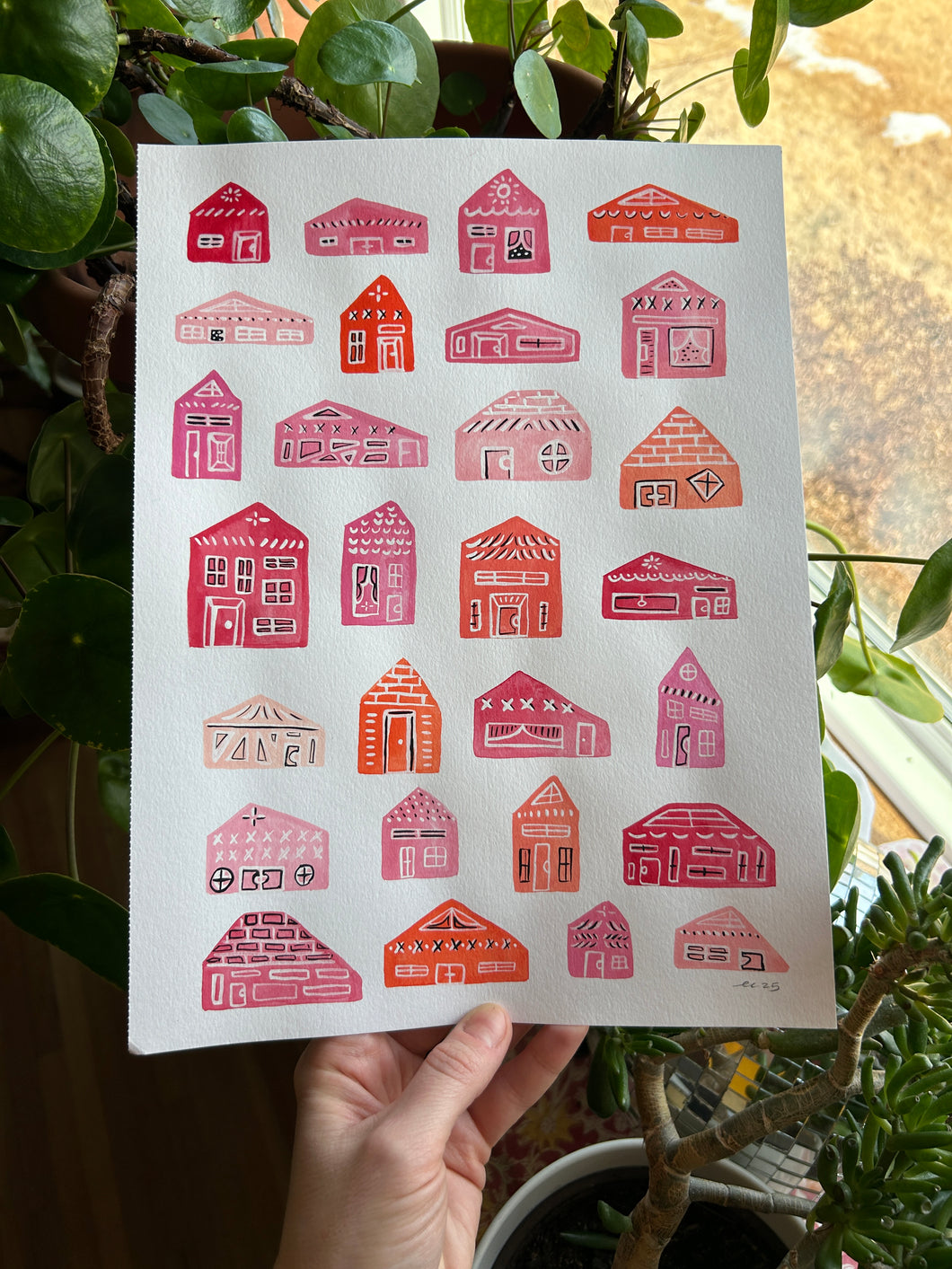 Original Acryla Gouache Painting: Pink Neighborhood — 9x12”