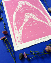 Load image into Gallery viewer, Handprinted Blockprint in Pink • You Are Also Held • Limited Edition
