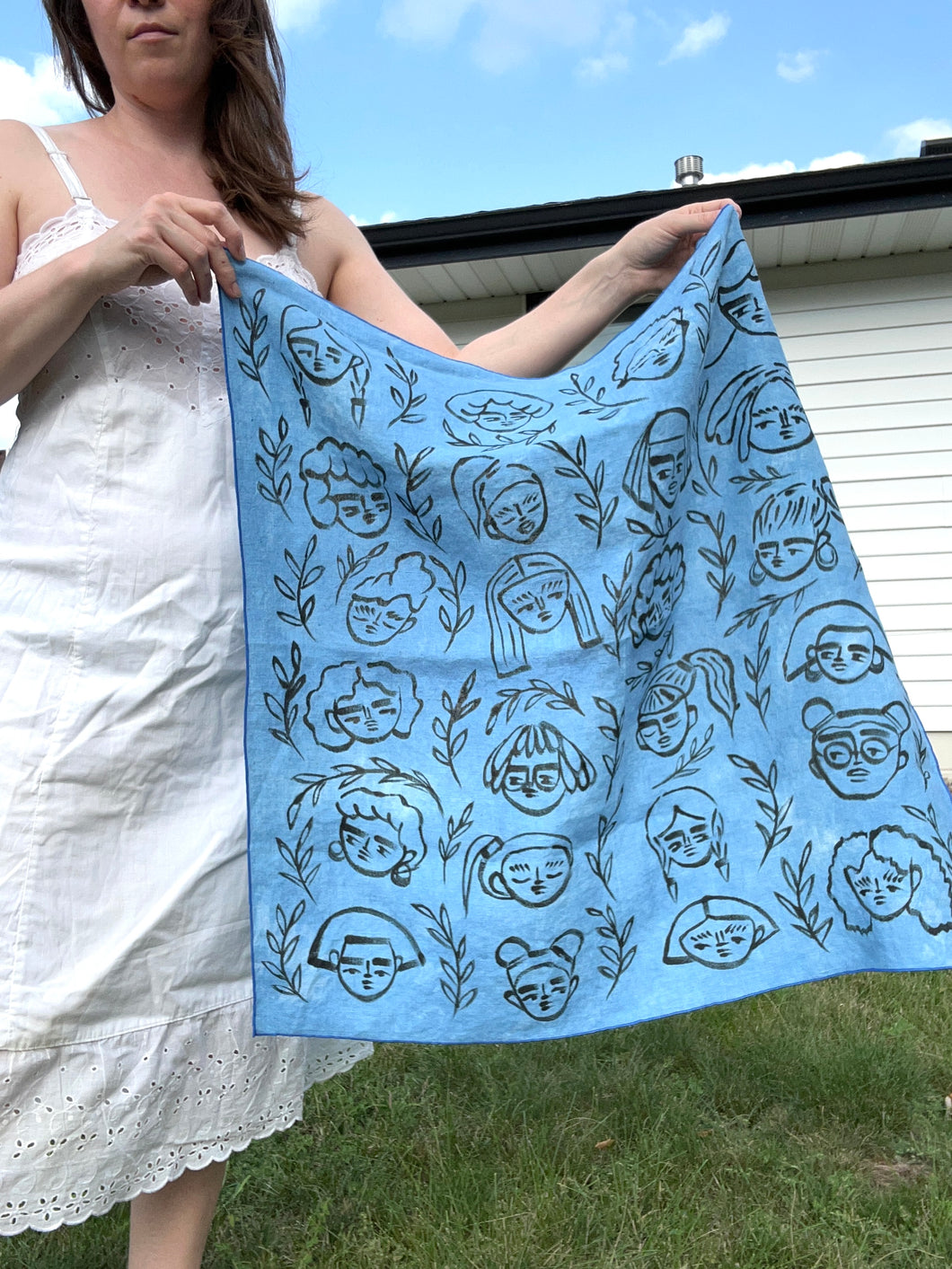 Naturally-Dyed + Hand Painted Linen Bandana — Faces + Plants 1