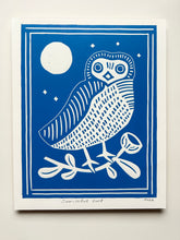 Load image into Gallery viewer, Handprinted Blockprint • Saw-Whet Owl in Blue
