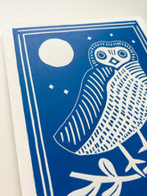 Load image into Gallery viewer, Handprinted Blockprint • Saw-Whet Owl in Blue
