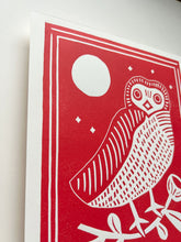 Load image into Gallery viewer, Handprinted Blockprint • Saw-Whet Owl in Light Red

