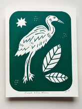 Load image into Gallery viewer, Handprinted Blockprint • Great Blue Heron in Green

