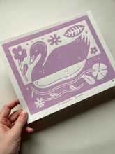 Load image into Gallery viewer, Handprinted Blockprint • Trumpeter Swan in Lavender
