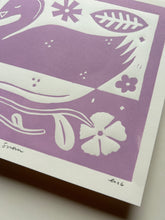 Load image into Gallery viewer, Handprinted Blockprint • Trumpeter Swan in Lavender
