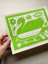 Load image into Gallery viewer, Handprinted Blockprint • Trumpeter Swan in Chartreuse
