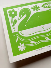 Load image into Gallery viewer, Handprinted Blockprint • Trumpeter Swan in Chartreuse
