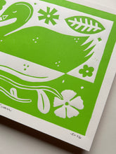 Load image into Gallery viewer, Handprinted Blockprint • Trumpeter Swan in Chartreuse
