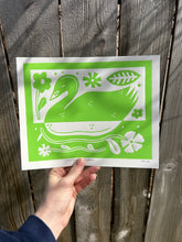 Load image into Gallery viewer, Handprinted Blockprint • Trumpeter Swan in Chartreuse
