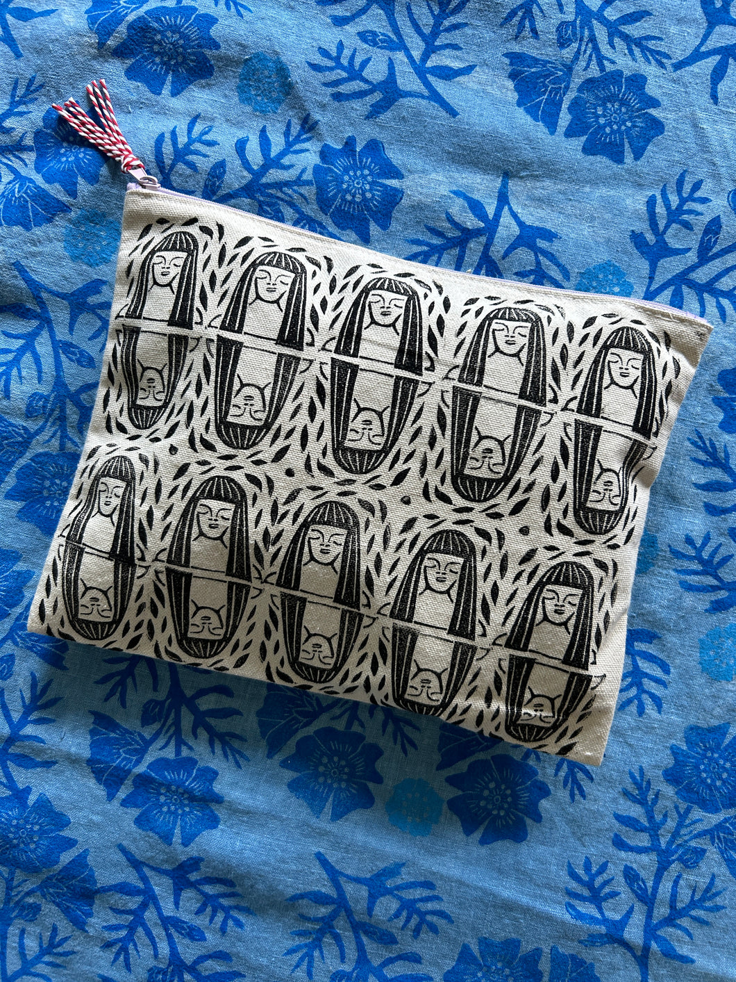 Faces and Leaves — Hand-Printed Zipper Bag