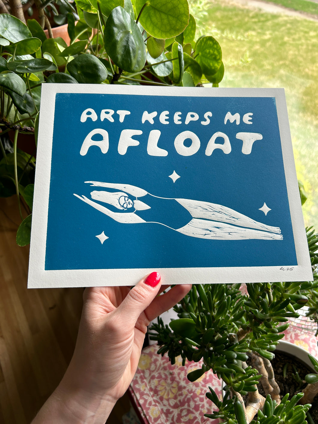 Handprinted Blockprint • Art Keeps Me Afloat in Blue