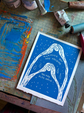 Load image into Gallery viewer, Handprinted Blockprint in Blue • You Are Also Held • Limited Edition
