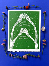 Load image into Gallery viewer, Handprinted Blockprint in Green • You Are Also Held • Limited Edition
