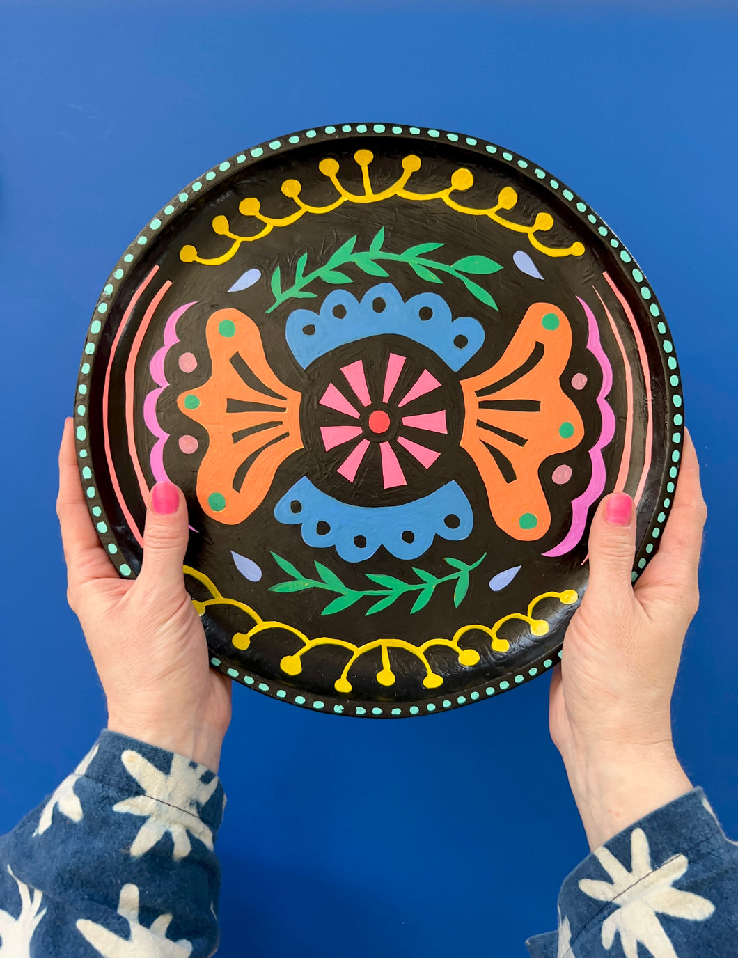 Acrylic Painting on Wood: Folk Platter (free shipping)