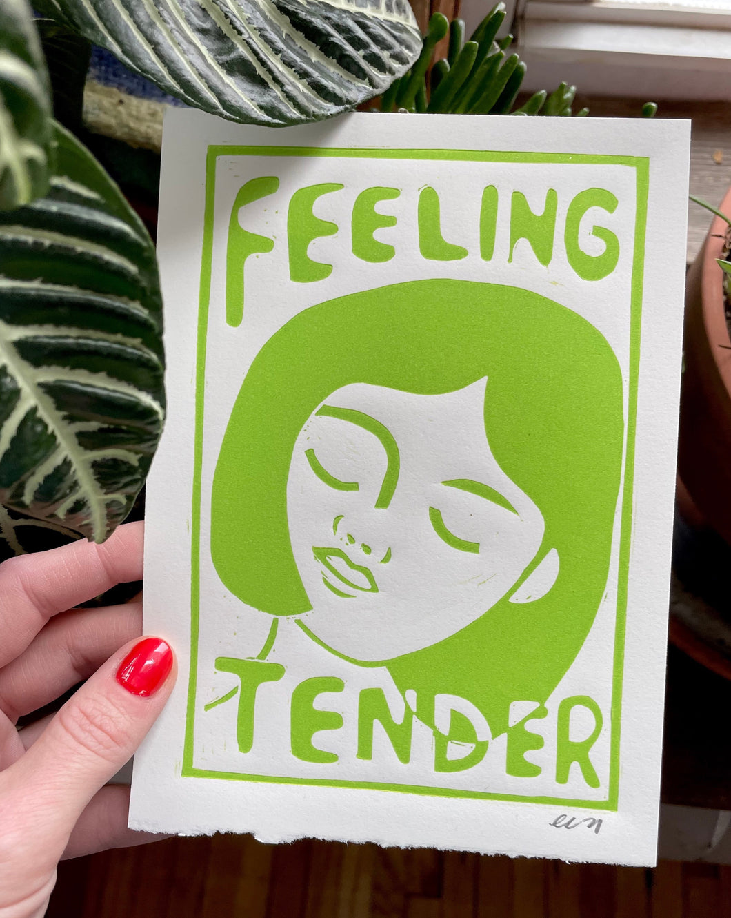 Handprinted Blockprint • “Feeling Tender” in Chartreuse