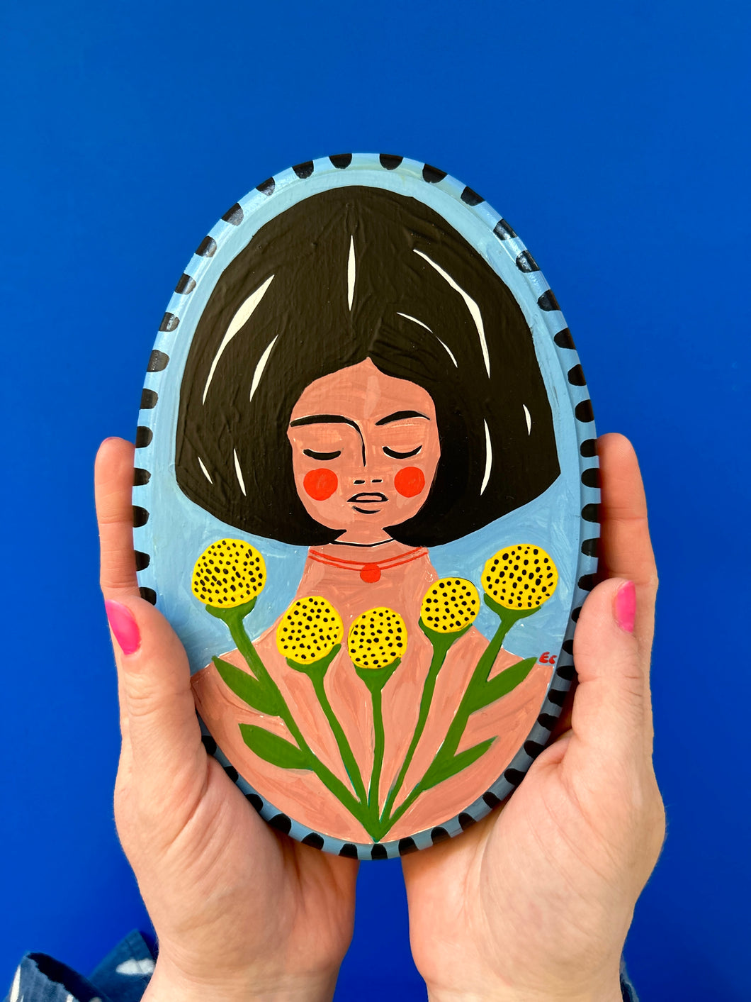 Acrylic Painting on Wood: Big Hair + Stripes (free shipping)