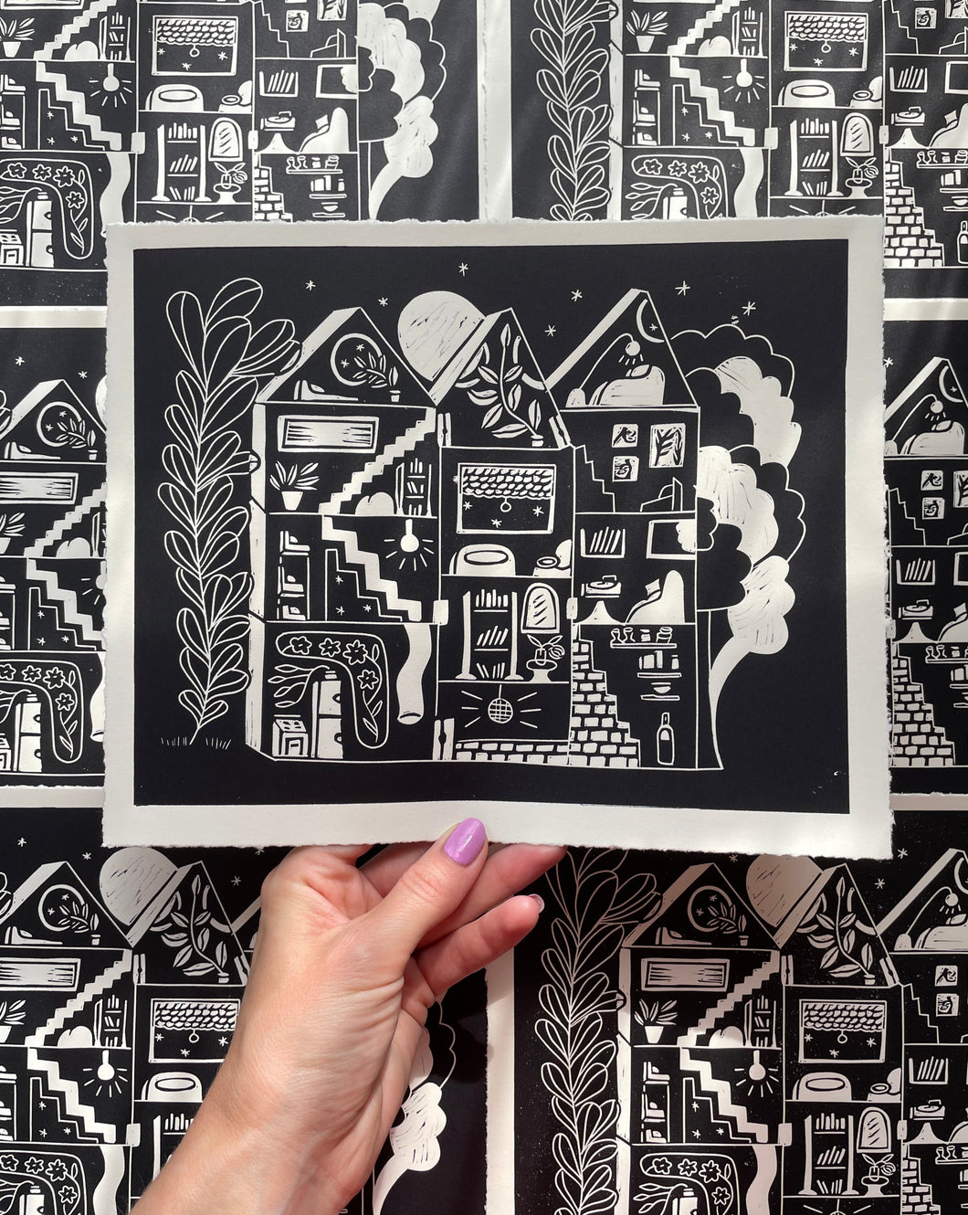 Handprinted Blockprint • Dream House in Black