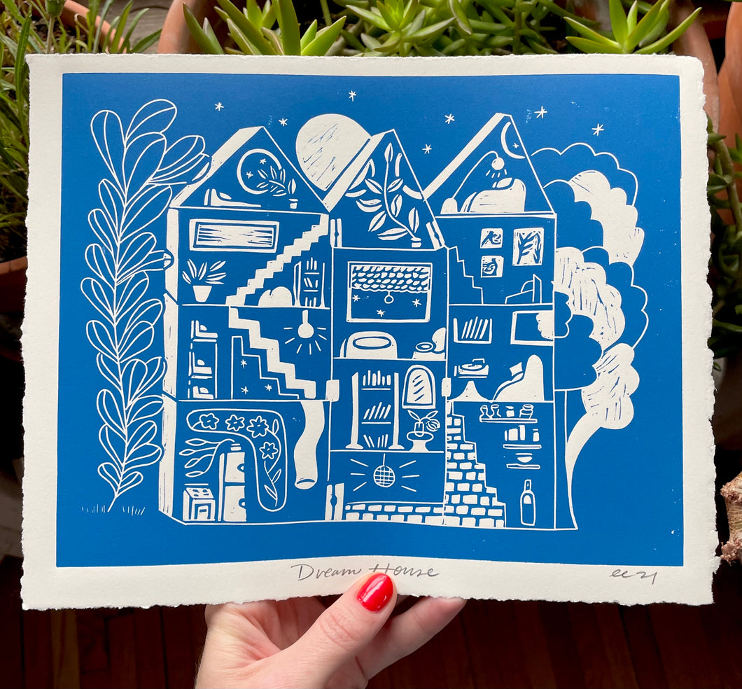 Handprinted Blockprint • Dream House in Cyan