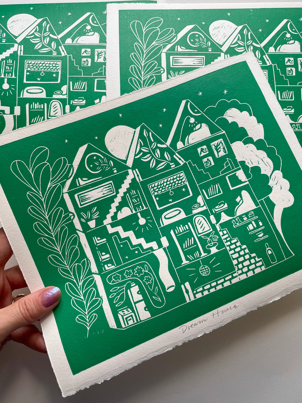 Handprinted Blockprint • Dream House in Jade Green